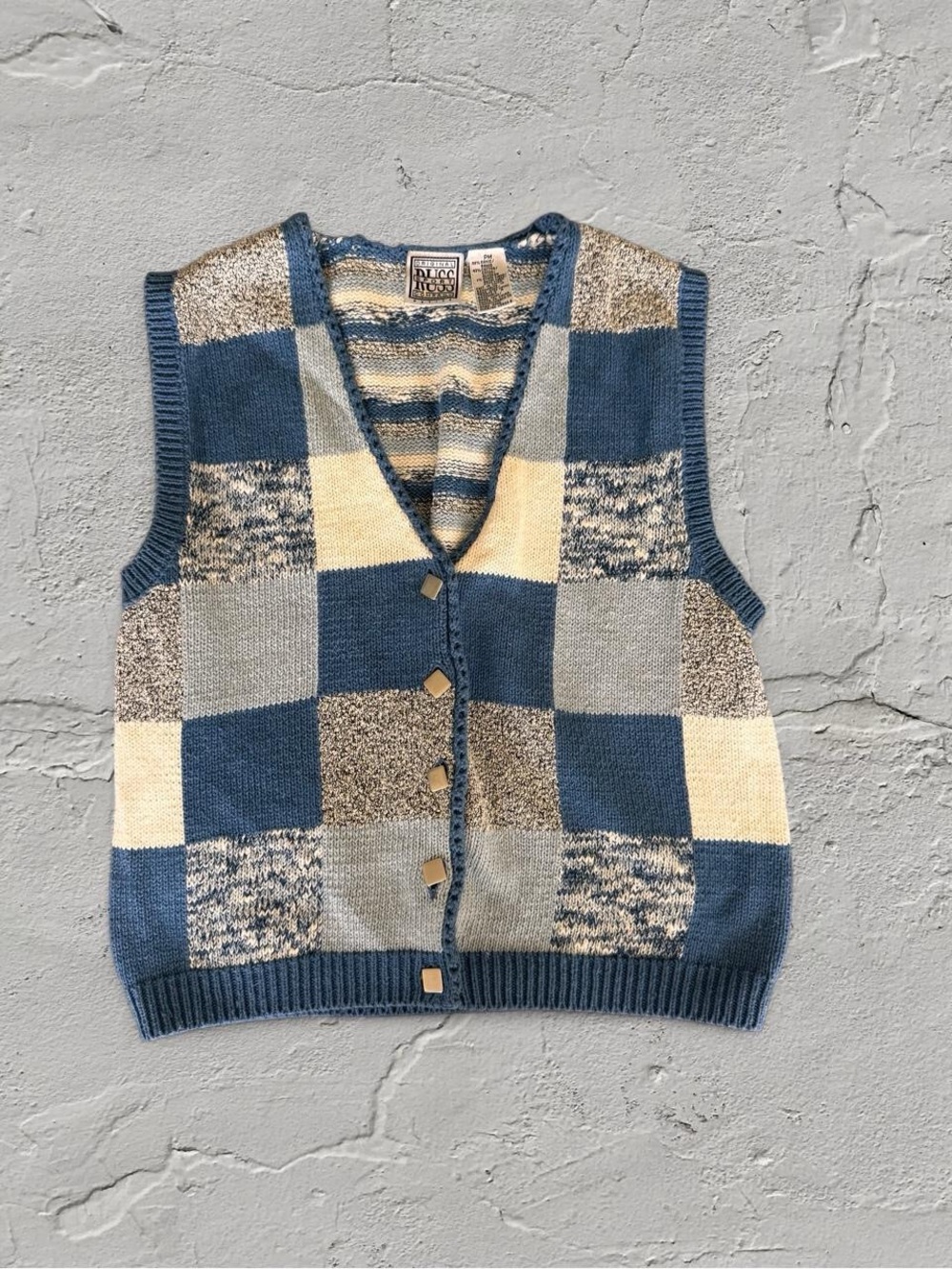 Russ Patchwork V-Neck Knit Vest in Blue & Cream